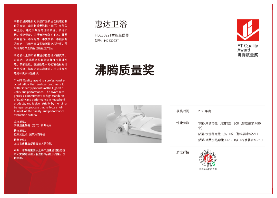 惠達(dá)衛(wèi)浴包攬10項(xiàng)沸騰質(zhì)量獎！